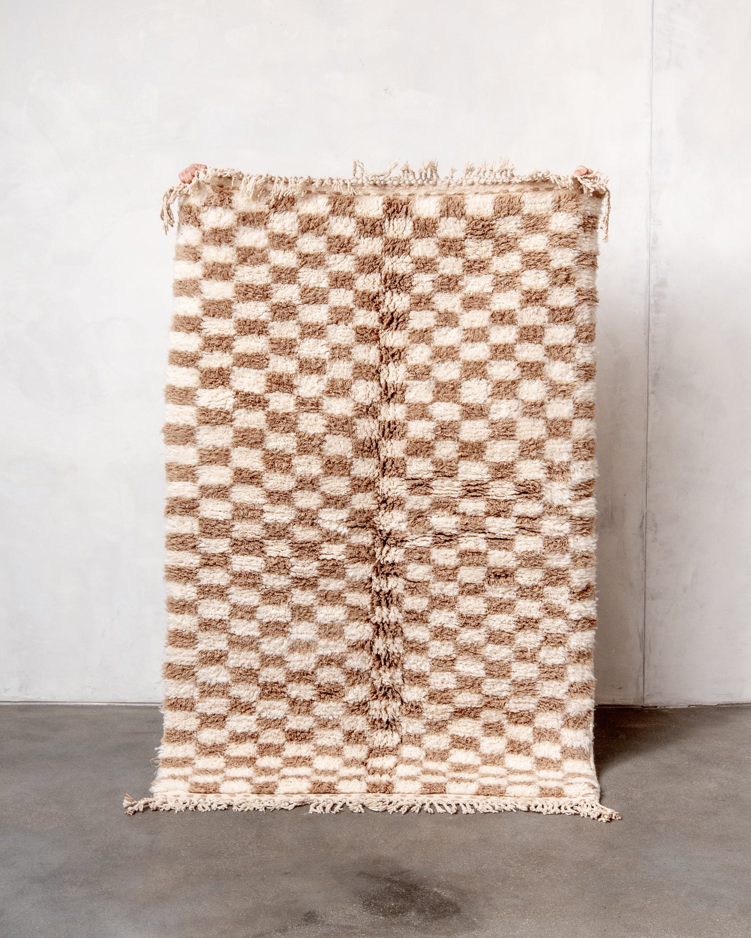 Modern, designer, handcrafted Berber rug from Morocco. Beniourain carpet with beautiful colours and patterns and fluffy wool texture.